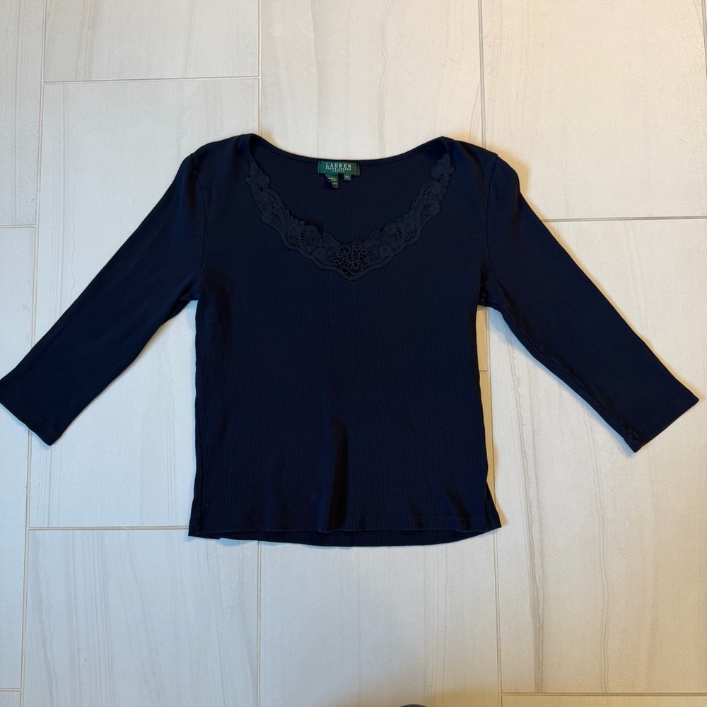 Lauren Ralph Lauren Navy Long Sleeve Top with Lace